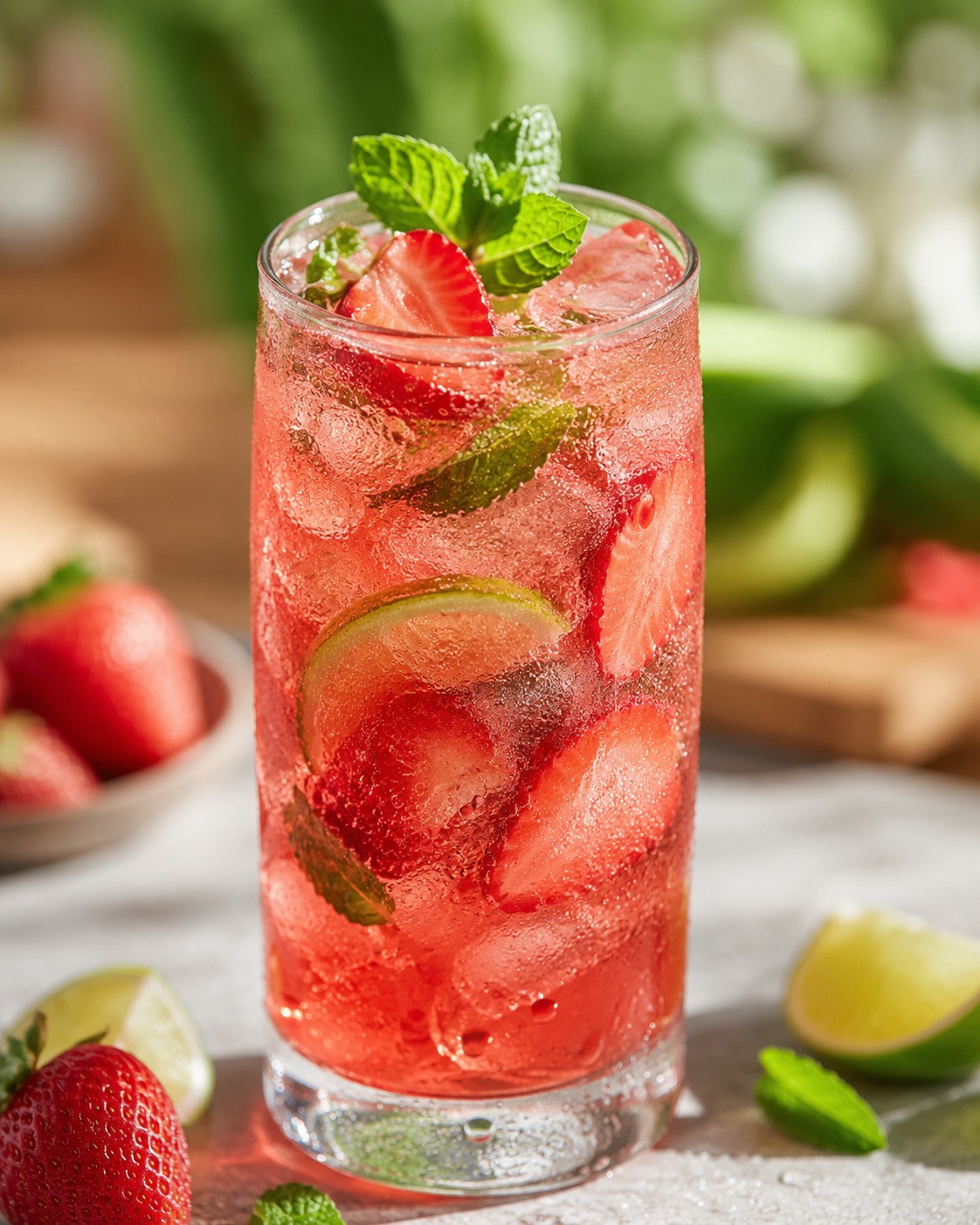 Vaso de Rekorderlig Fresa y Lima con hielo, fresas frescas, lima y menta
