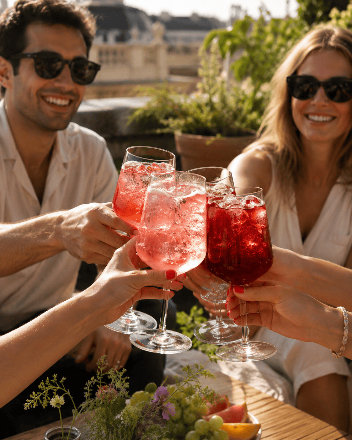 Grupo de amigos brindando con copas de Rekorderlig en una terraza de verano