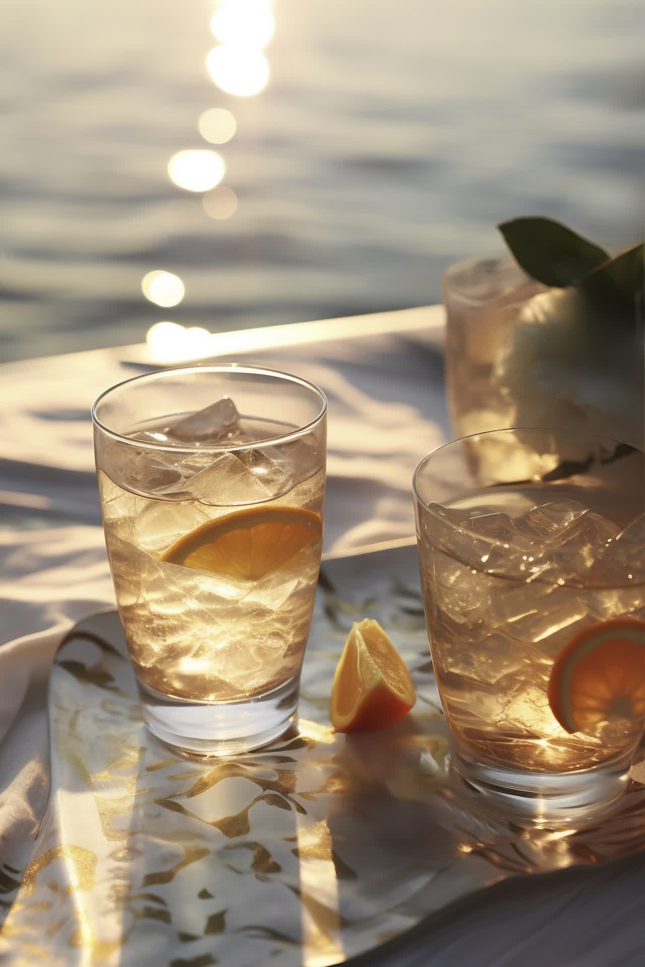 Vasos de sidra con hielo y limón al atardecer