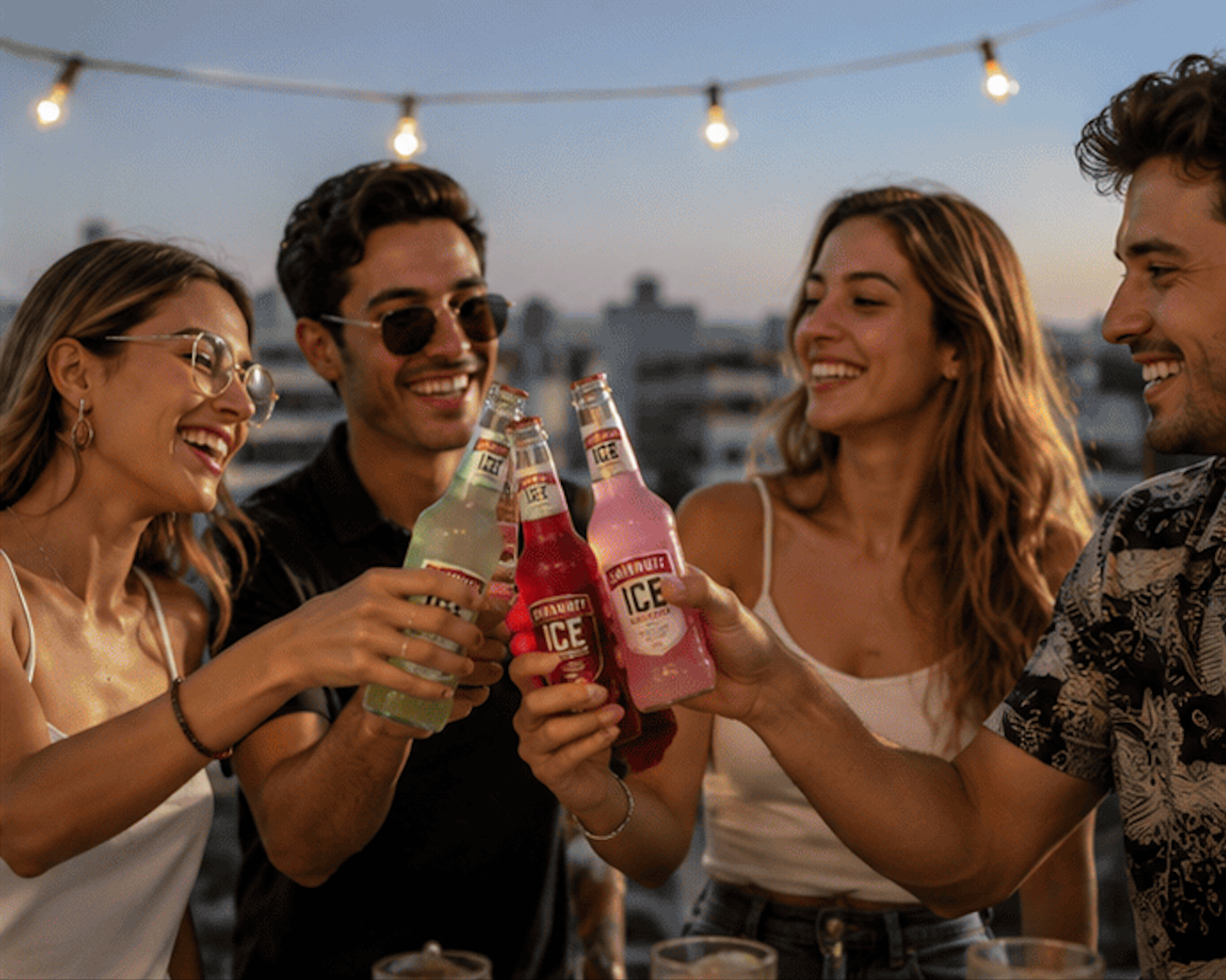 Grupo de amigos brindando con botellas de Smirnoff Ice en una terraza al atardecer