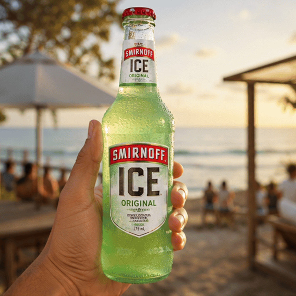 Smirnoff Ice Original en botella fría en una playa al atardecer